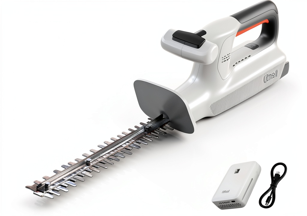 LiTHELi cordless hedge trimmer in use on a garden hedge