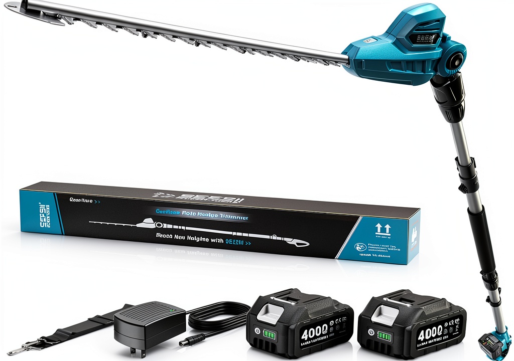 Seesii cordless pole hedge trimmer in use on garden shrubs