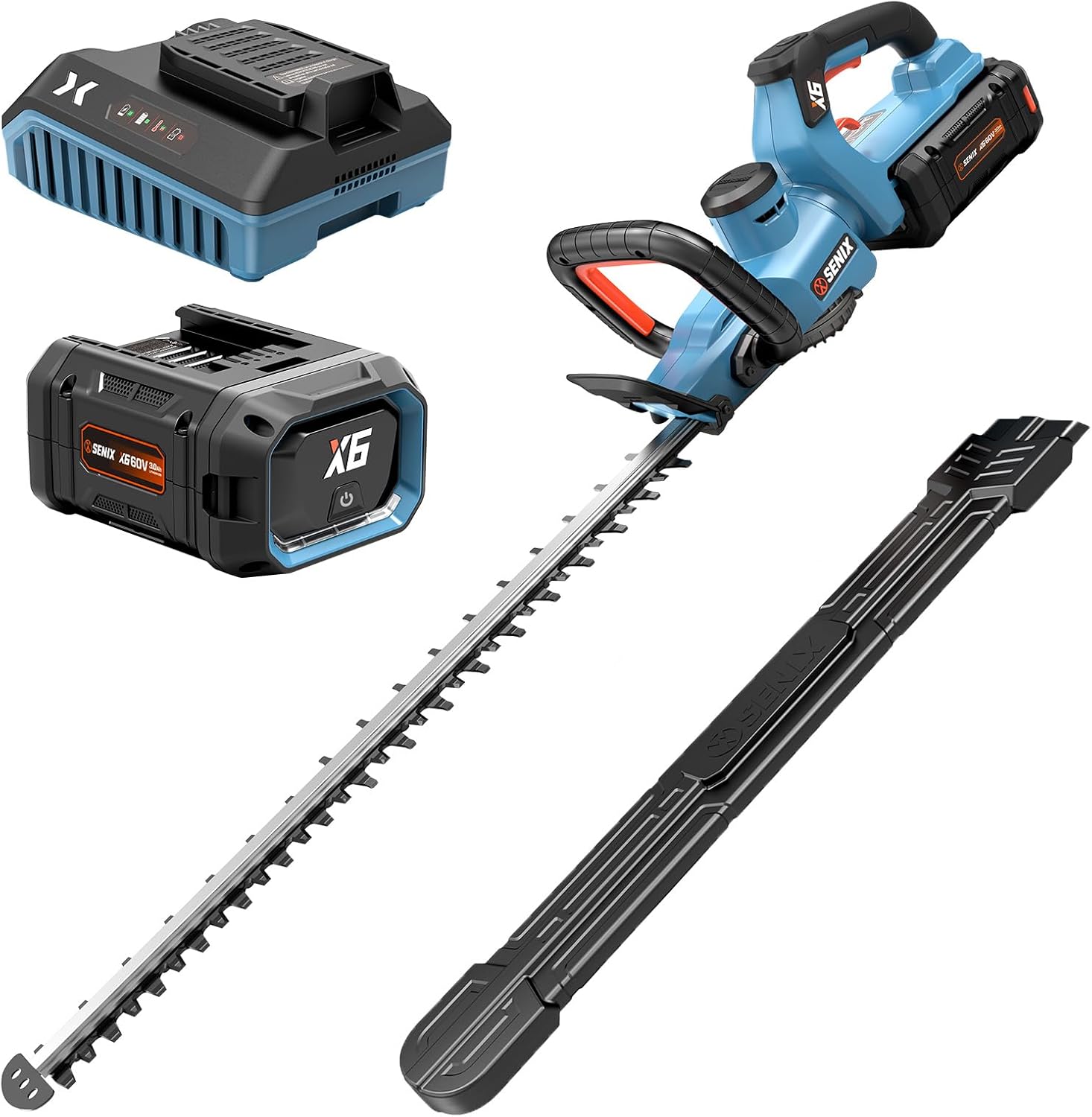 SENIX X6 hedge trimmer in use on garden hedges