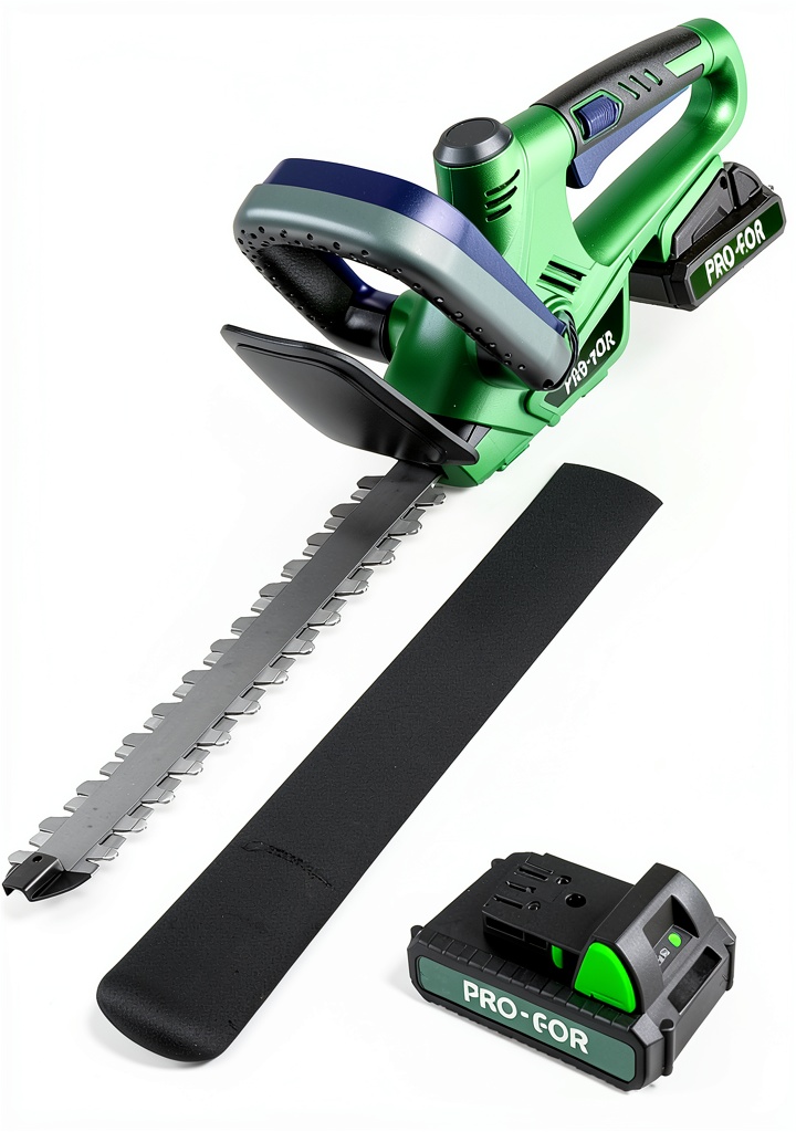 PRO-FOR cordless hedge trimmer in use on garden hedges