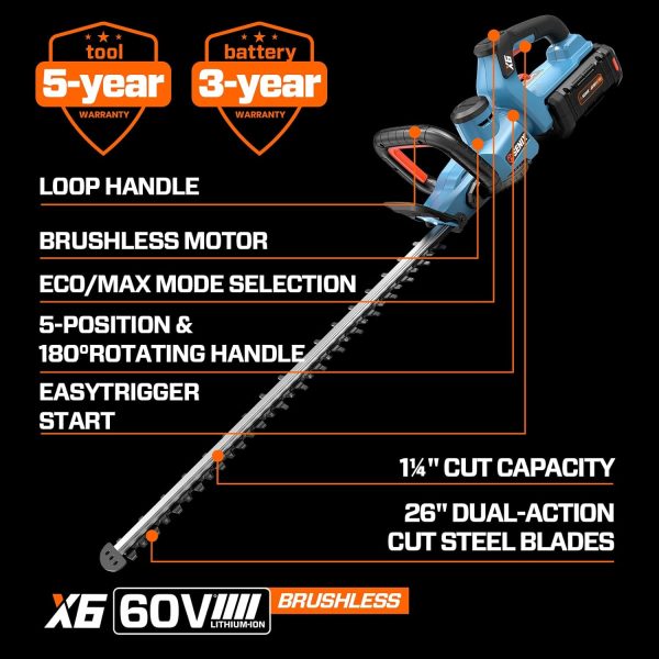 SENIX Battery Hedge Trimmer 26 Inch Stainless Steel Blades-7