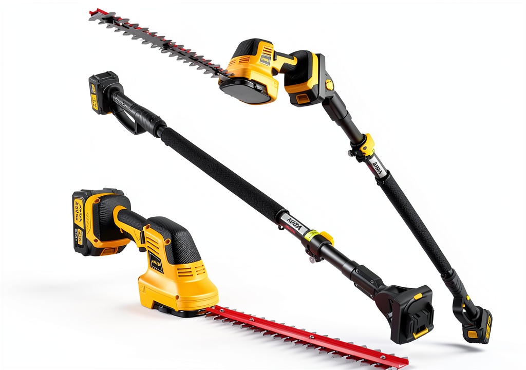 AVADA cordless hedge trimmer in yellow and black color with blades and extension pole
