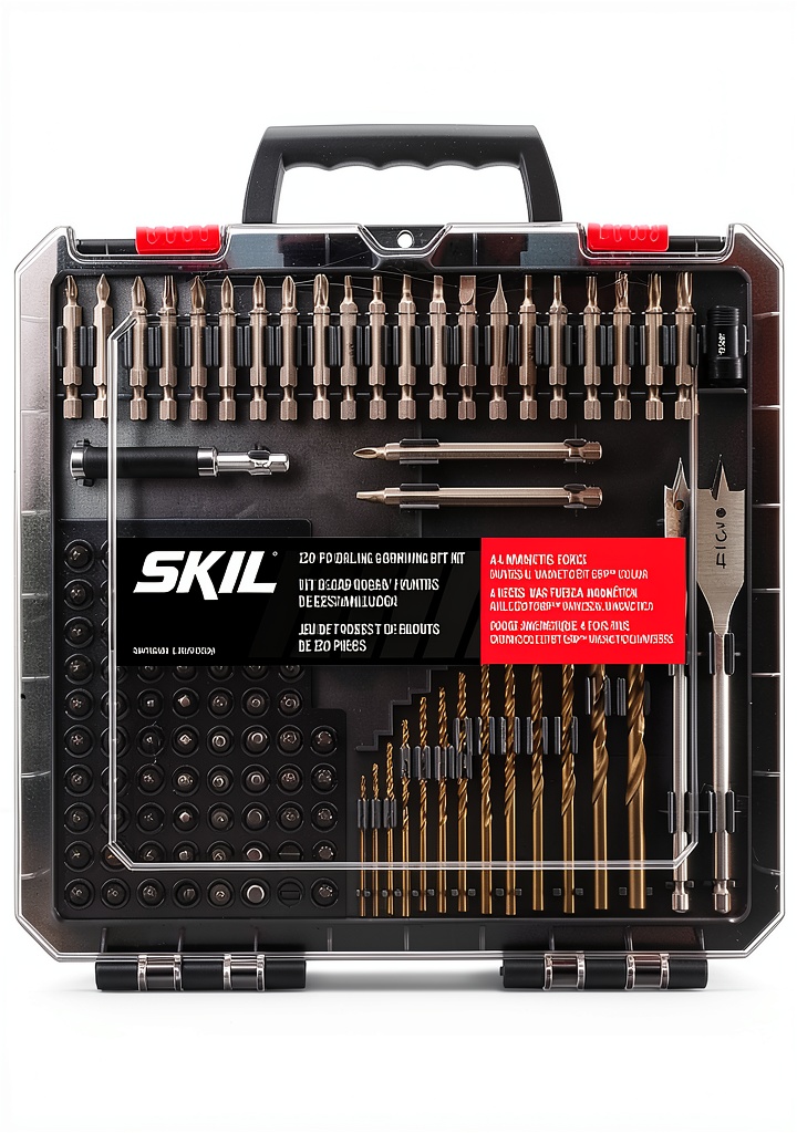 Installing SKIL 120 piece drill bit set with magnetic Bit Grip on a wooden workbench